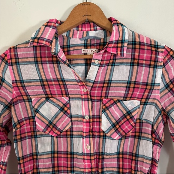 MERONA Crinkle Plaid Half Button Down Top - Picture 3 of 8